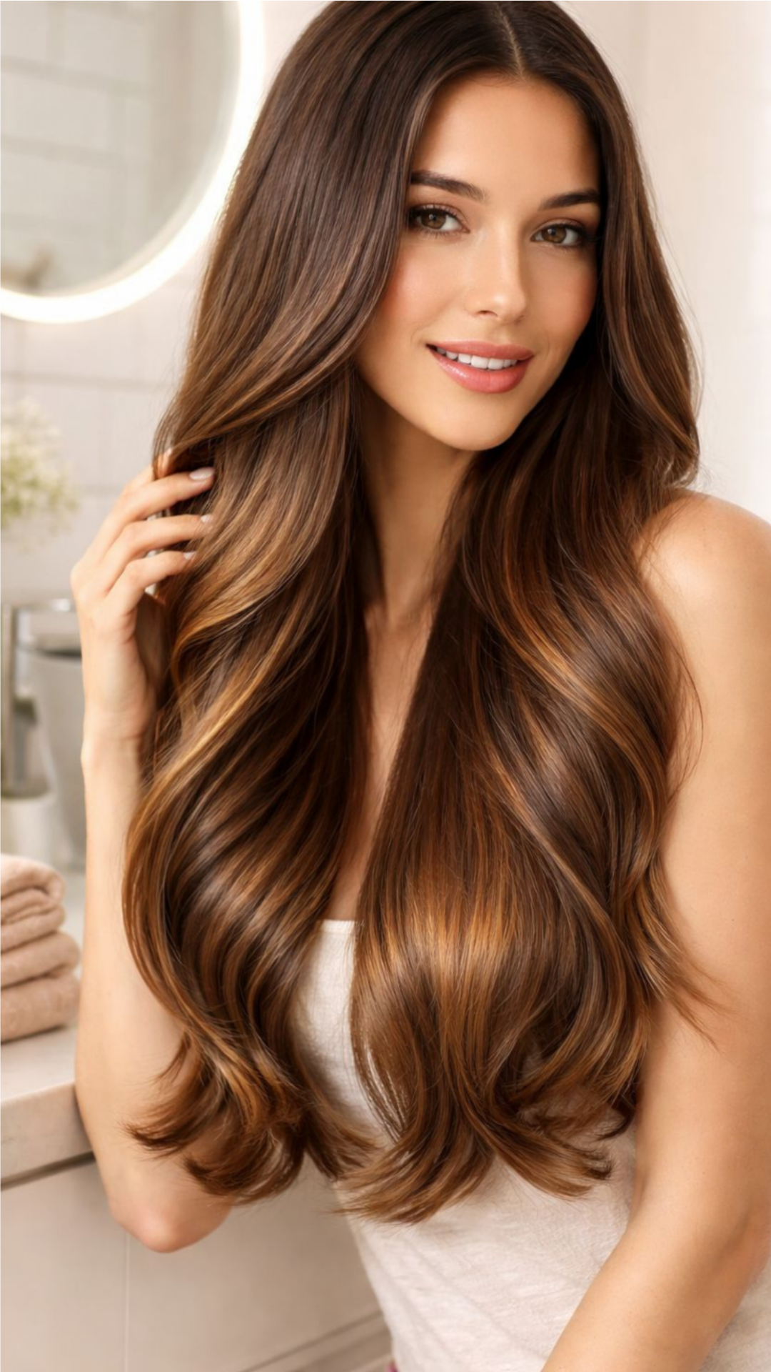 Woman with long, wavy brown hair in a bathroom setting